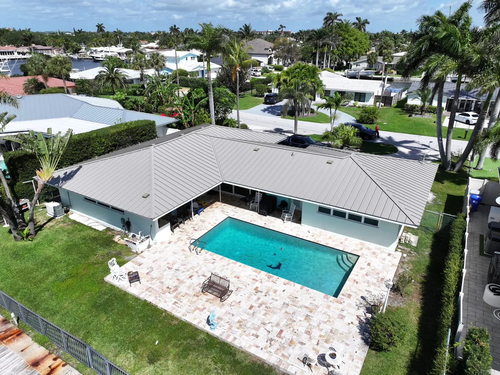 Aerial view of a completed South Florida roof