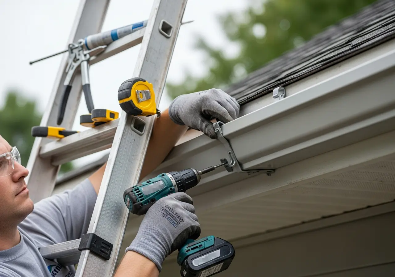 Technician installing seamless aluminum gutter